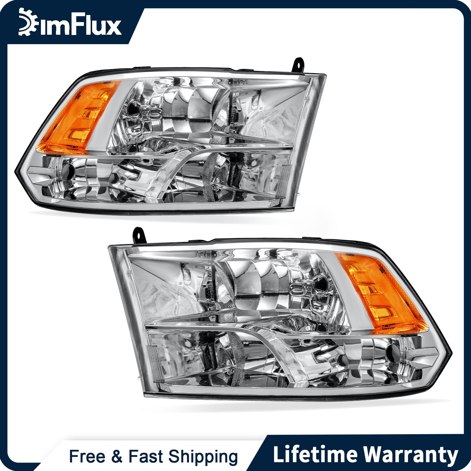 DimFlux Headlights 09-18 for Dodge Ram 1500 2500 3500 4500 5500 Chrome Housing