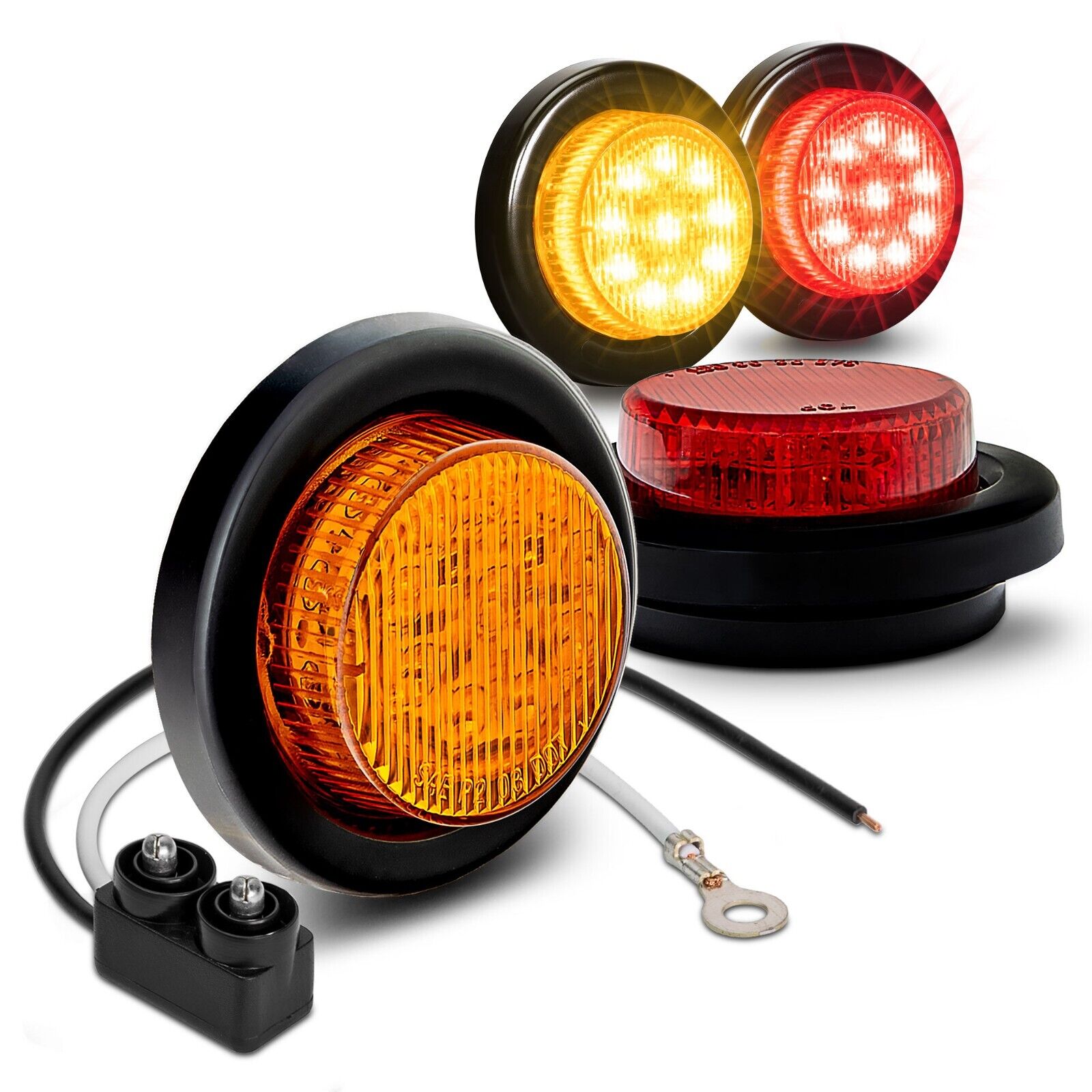 4pc DOT Grommet Flush-Mount Amber + Red 2 Inch Round Trailer LED Marker Lights