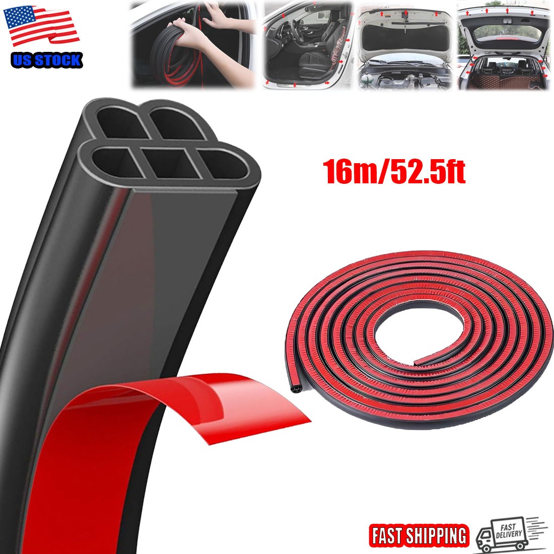 52.5ft Car Door Seal Strip 5-Hole Self Adhesive Soundproofing Weather Stripping