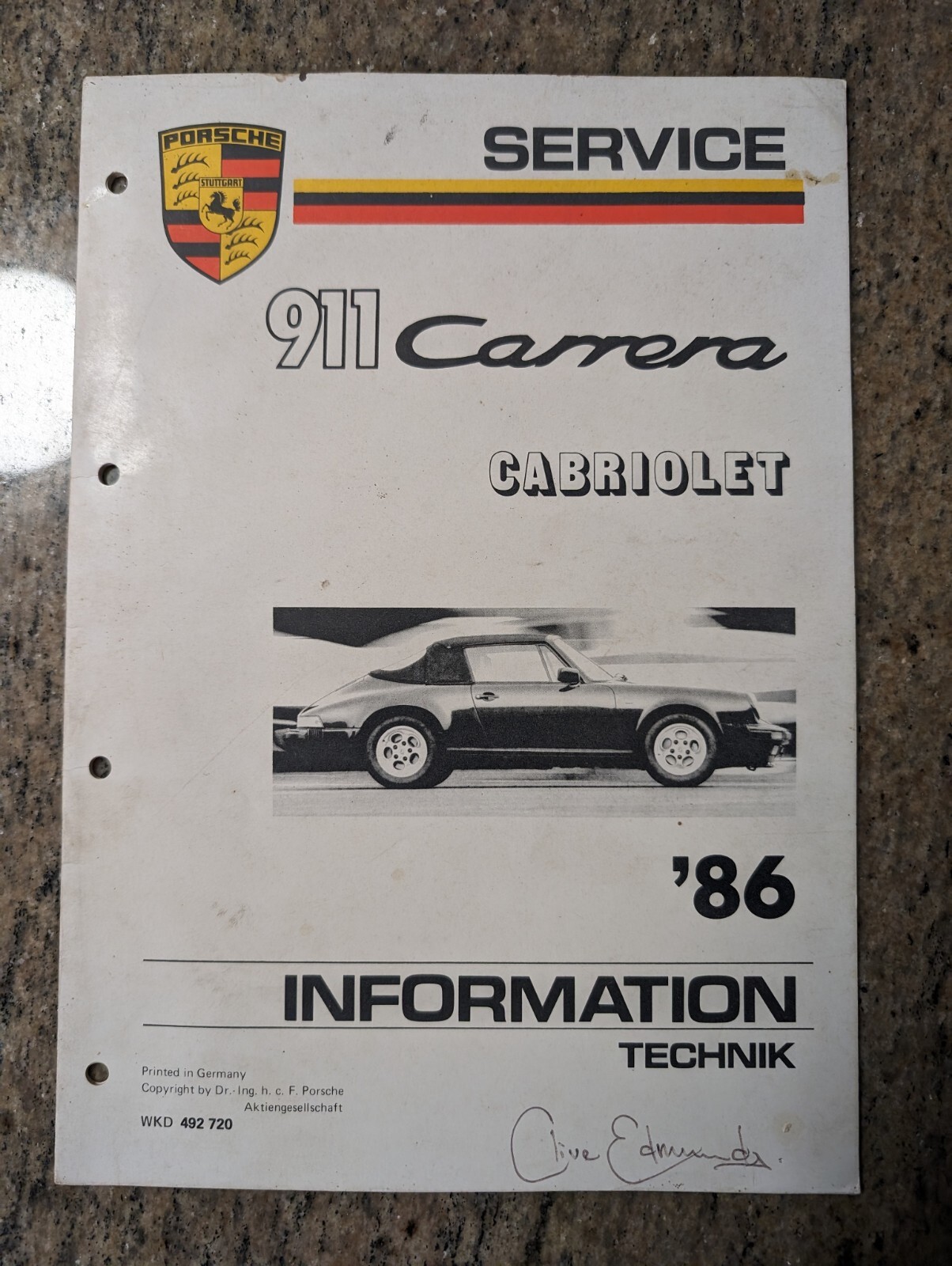Porsche 911 Carrera Cabriolet 1987 492 720 1986 Service Manual Technik