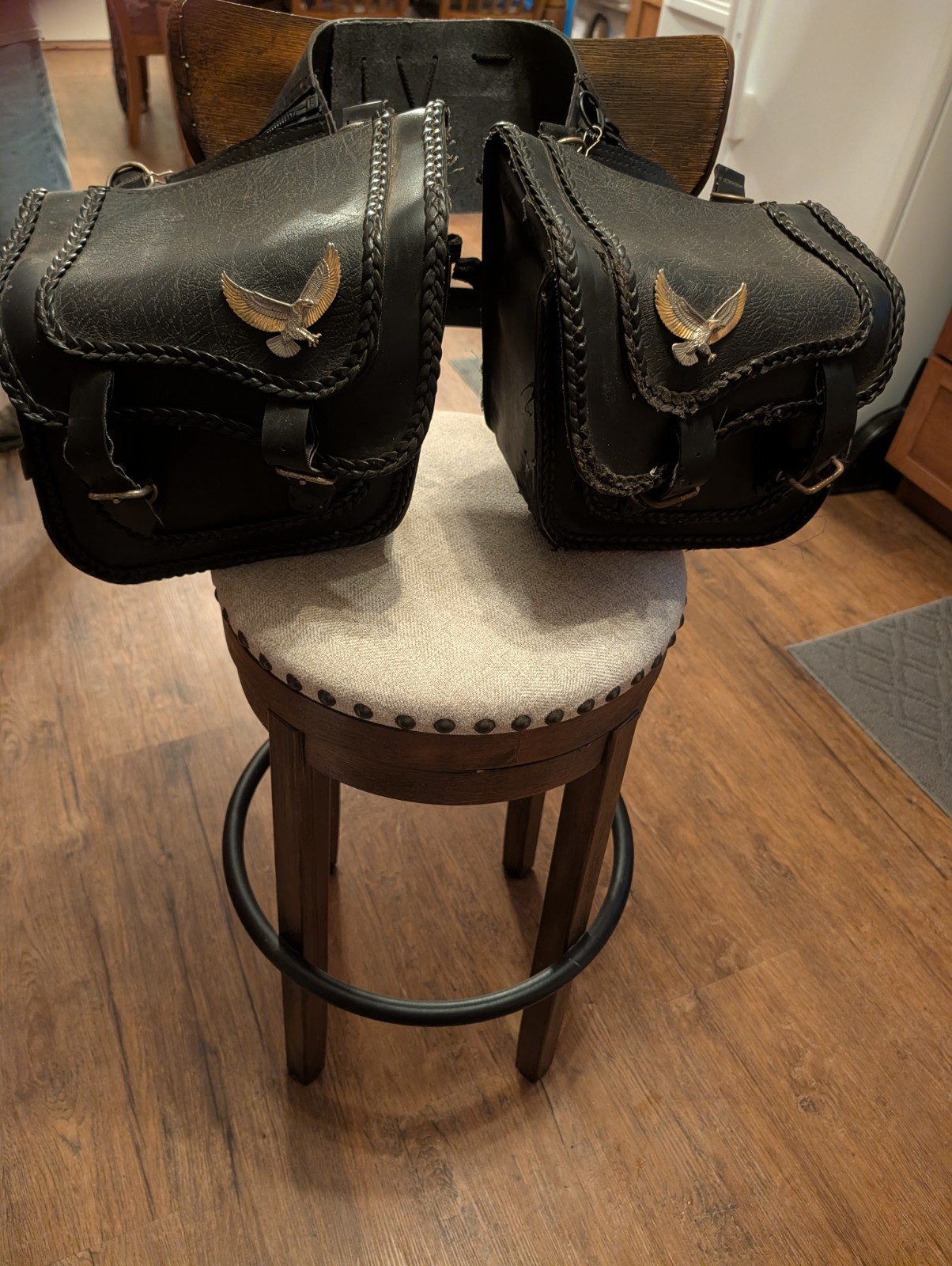 Harley Willie & Max braided small eagle saddlebags.Throwover Vintage Leather USA