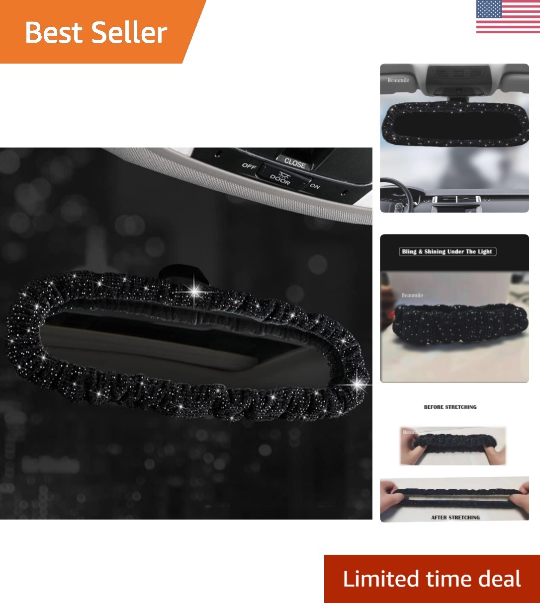 Elegant Black Diamond Rearview Mirror Accessories - Rhinestone Plush Cover