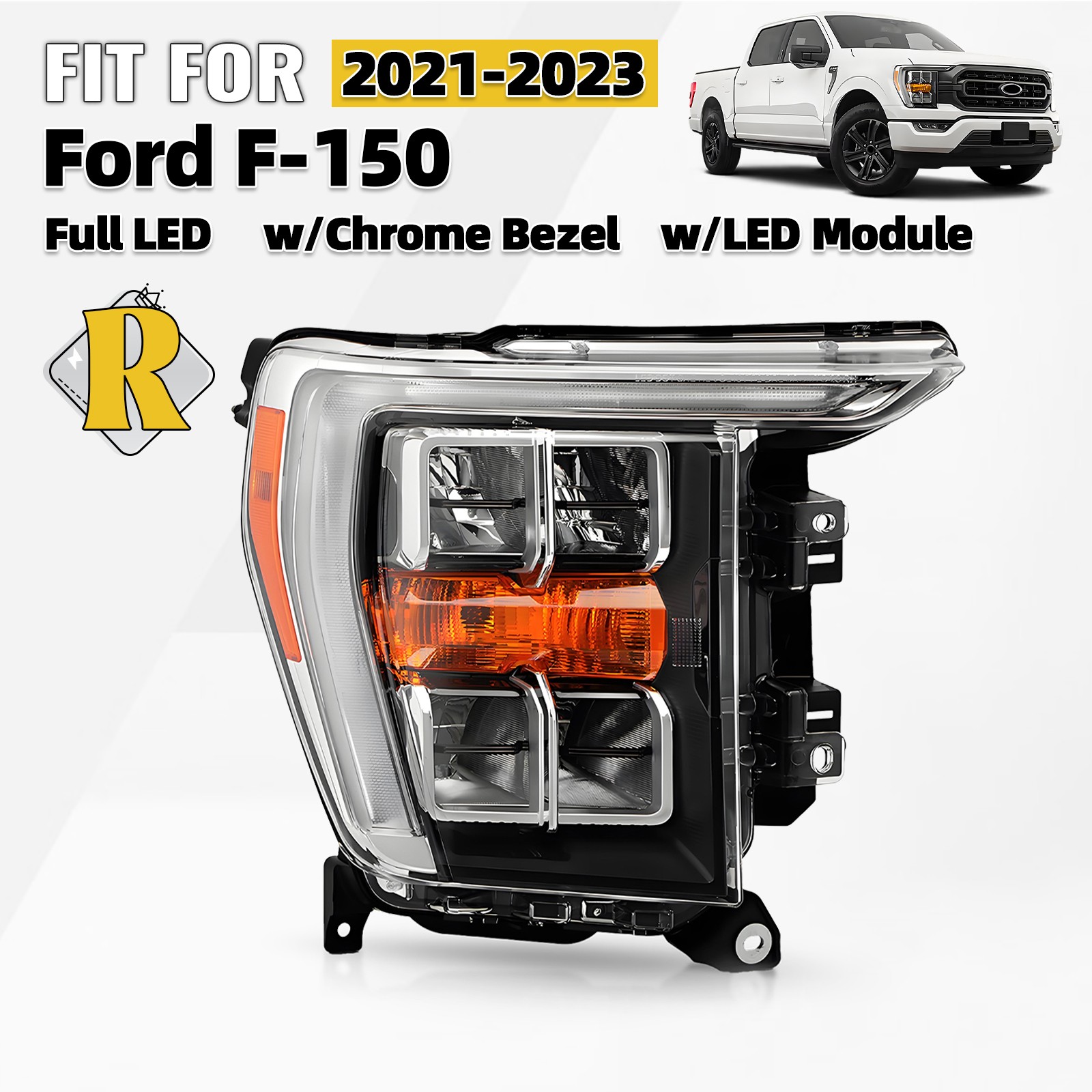 For 2021-2023 Ford F-150 LED Headlight Chrome Bezel w/o AFS Right Passenger Side For 2021-2023 Ford F-150 LED Headlight Chrome Bezel w/o AFS Right Passenger Side