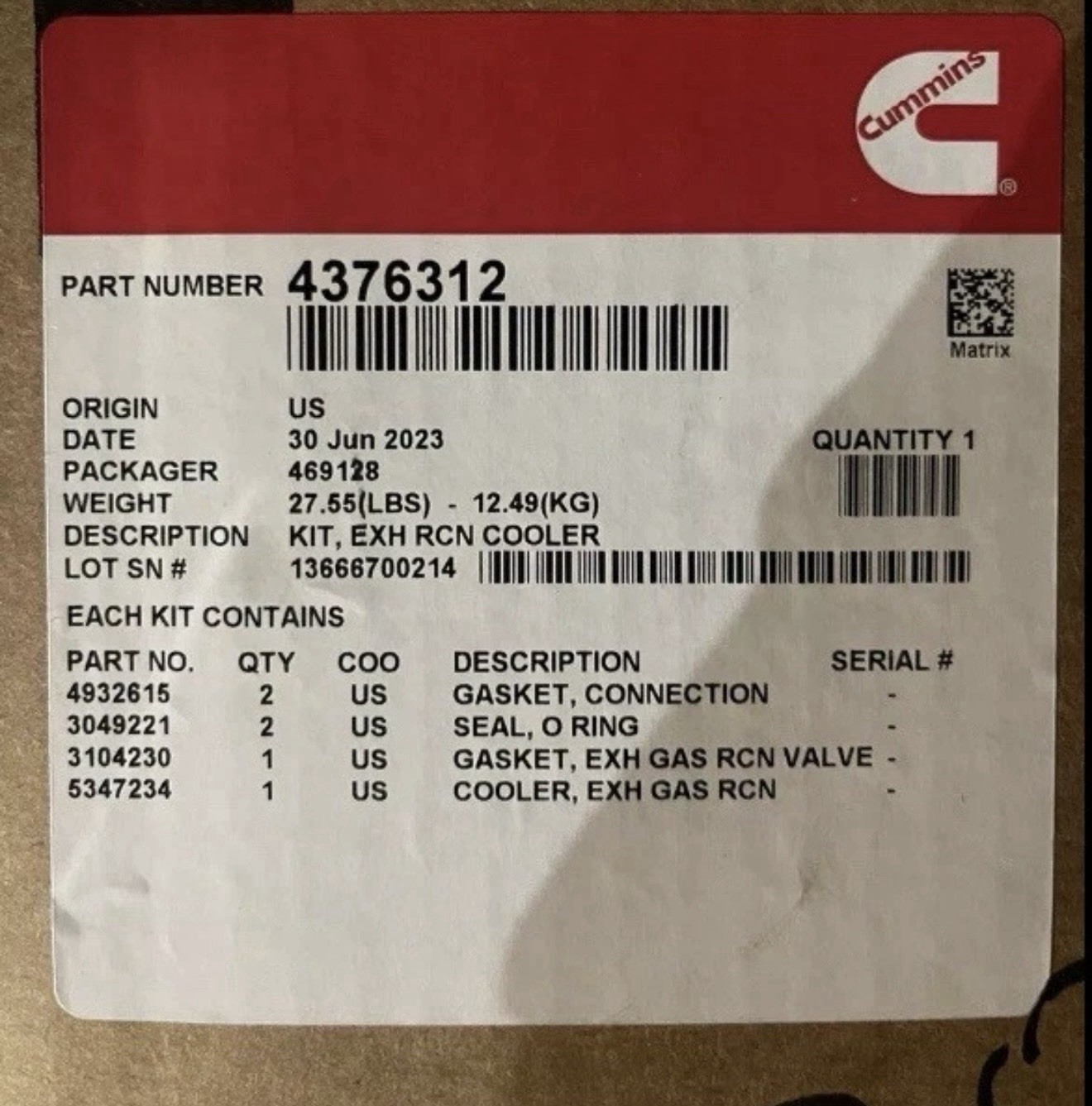 4376312  Genuine  Cummins Egr Cooler