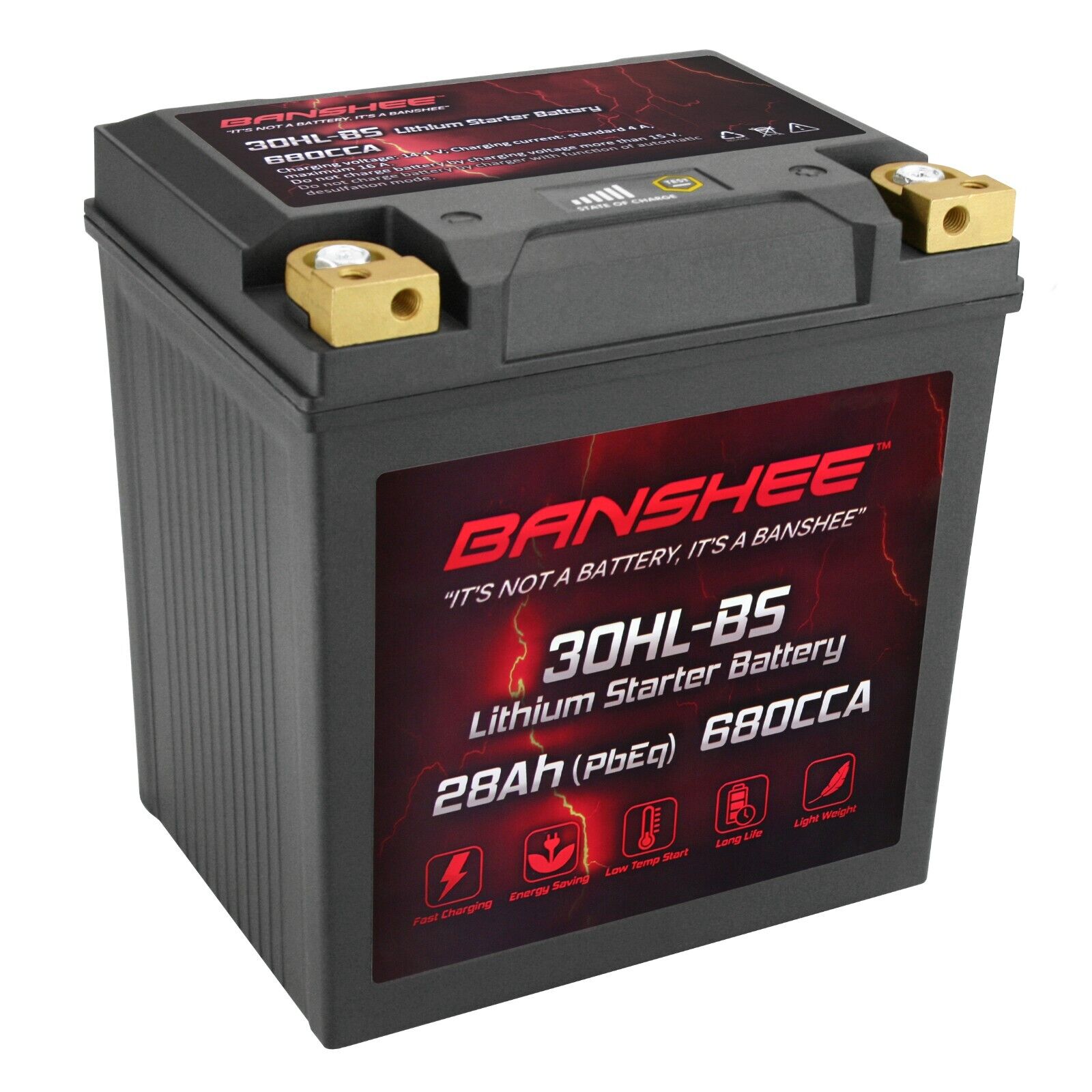 12V 28Ah (PbEq) 680CCA LiFePO4 Lithium Motorcycle Battery, Replaces YTX30L-BS