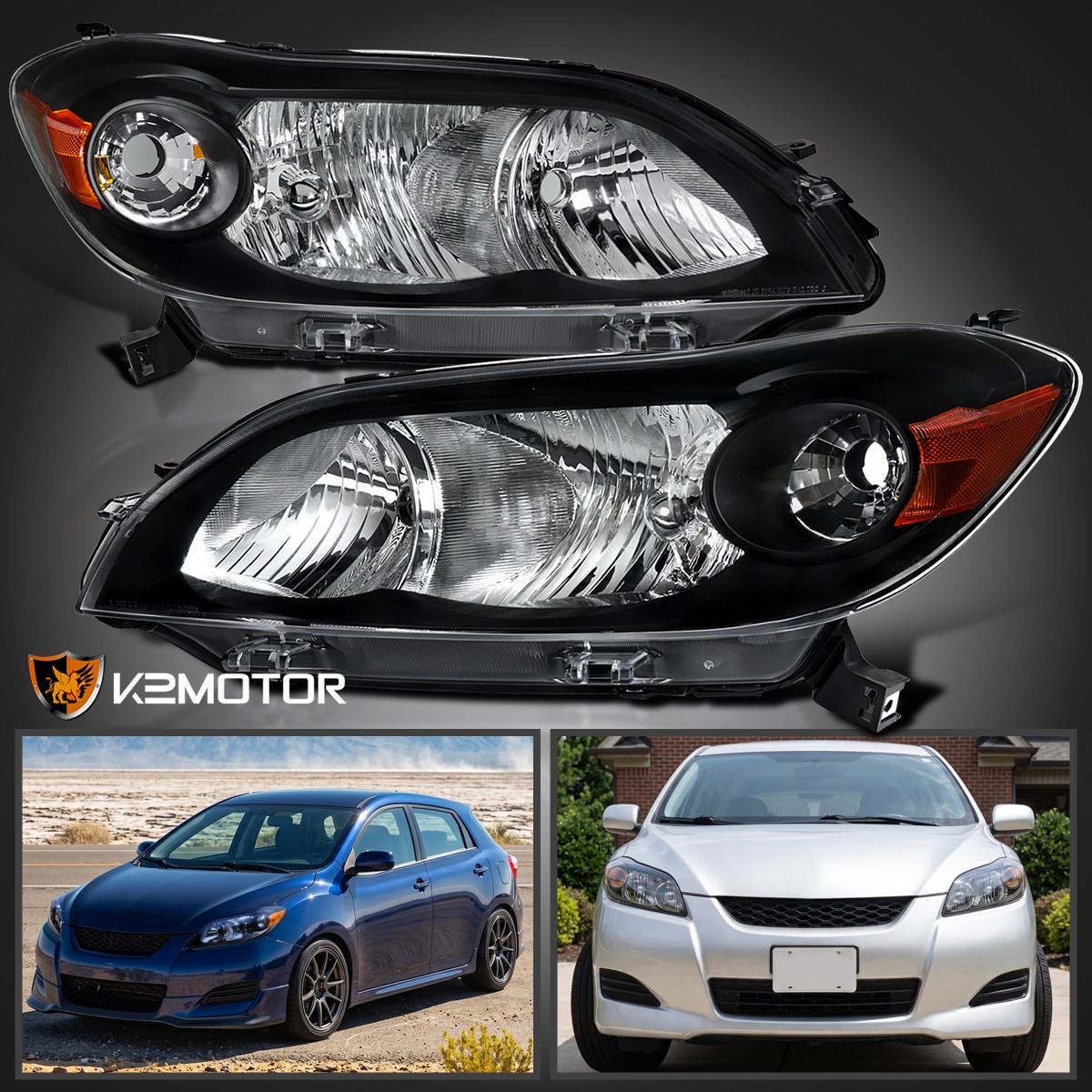 Fits 2009-2014 Toyota Matrix Halogen Headlights Head Lamps Black Left+Right