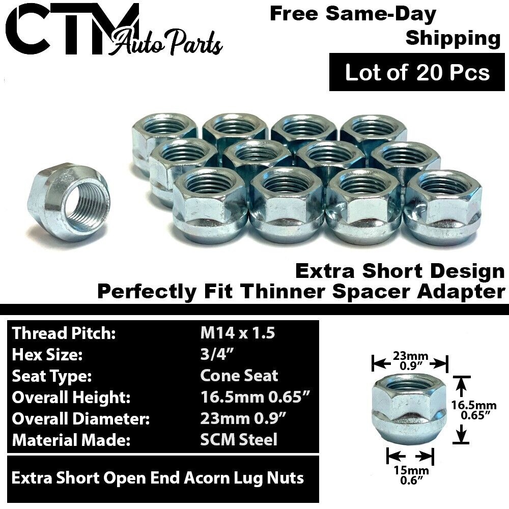 20x M14x1.5 Extra Short Open End Acorn Wheel Lug Nuts Fit Buick Cadillac Chevy