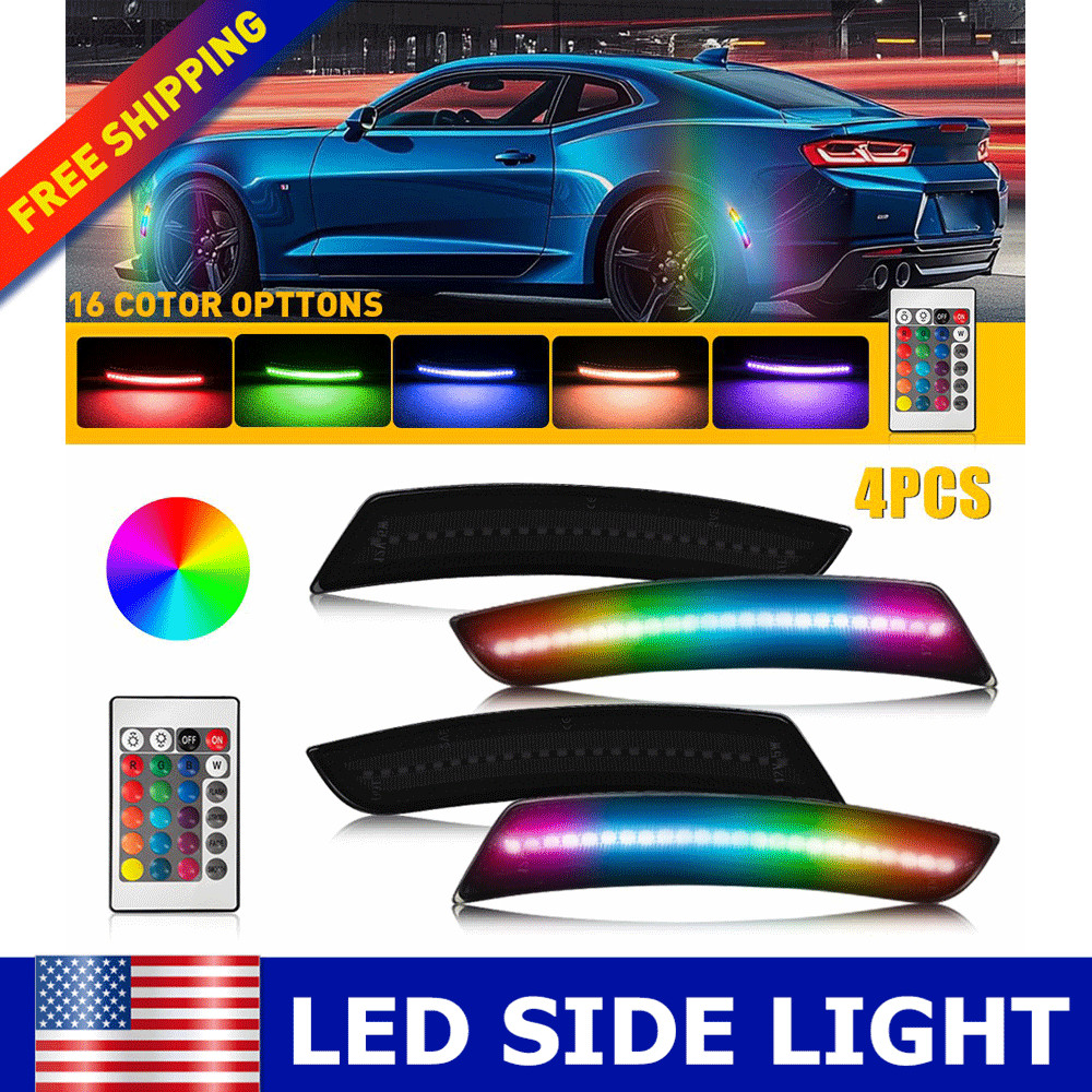 4PCS RGB Color Changing Smoked LED Side Marker Lights For 2016-2024 Chevy Camaro