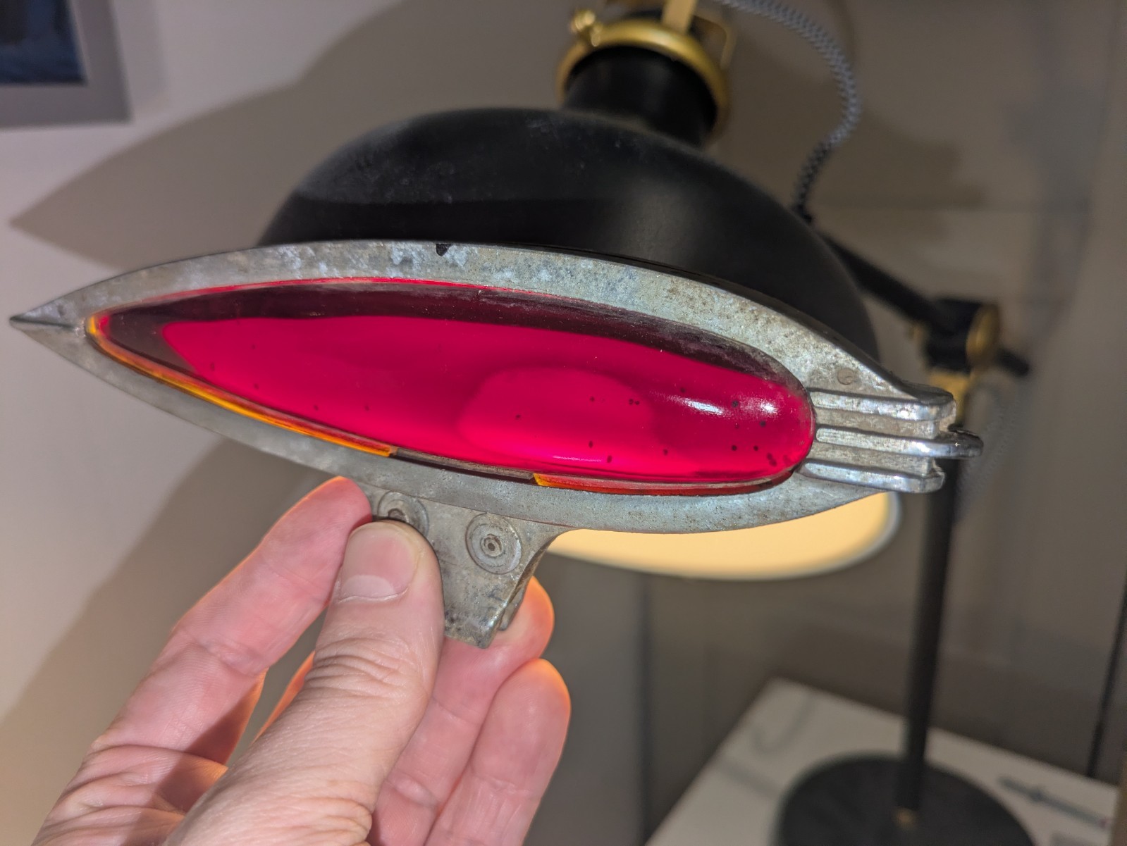 Vintage 1935-1936 Ford Norlipp Hood Ornament – Red Glass/Lucite Insert