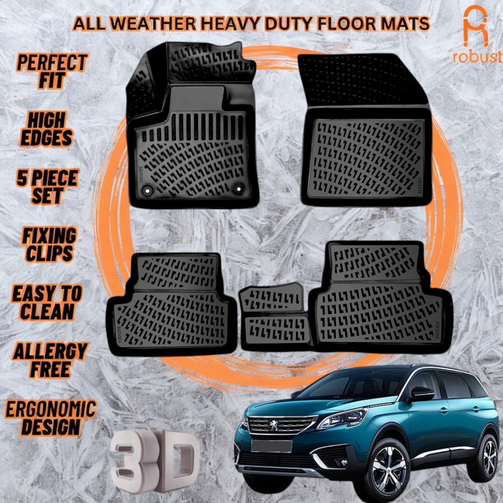 3D Molded Car Floor Mats Liners For Peugeot 3008 2016-2023 All Season Heavy Duty