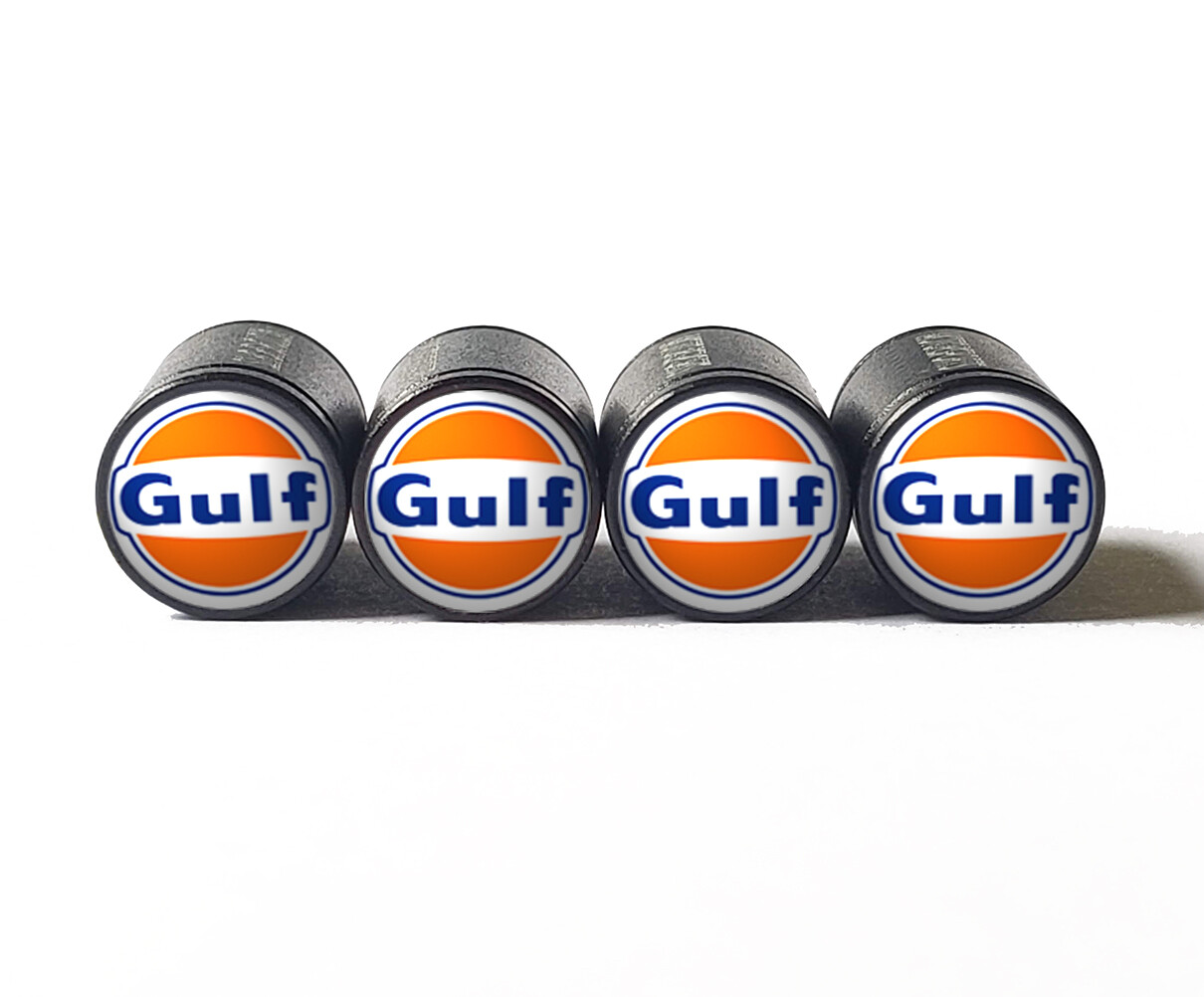 Vintage Gulf Gas Tire Valve Caps - Black Aluminum - Set of Four - Universal