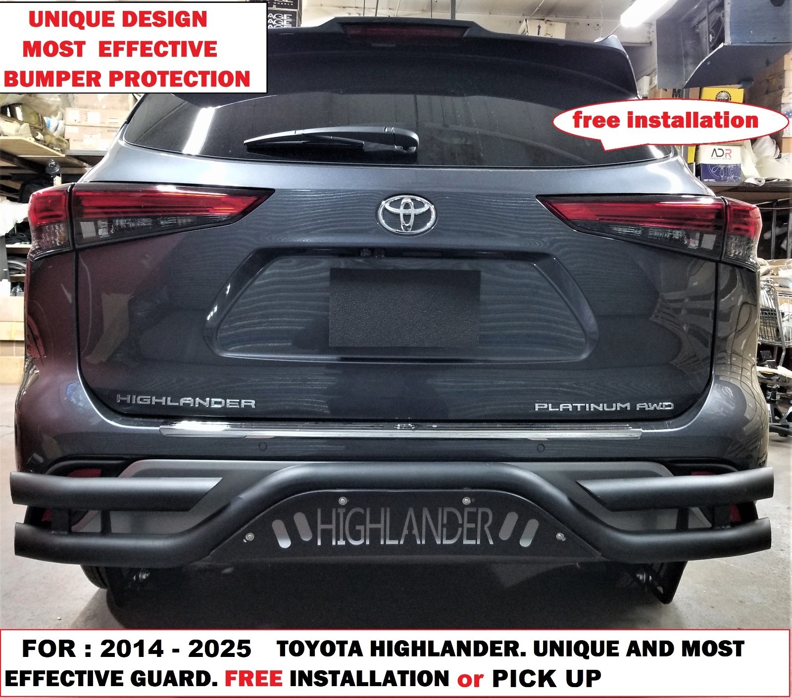 FOR : 2008-2025 TOYOTA HIGHLANDER. BLACK UNIQUE FULLY REAR BUMPER GUARD.