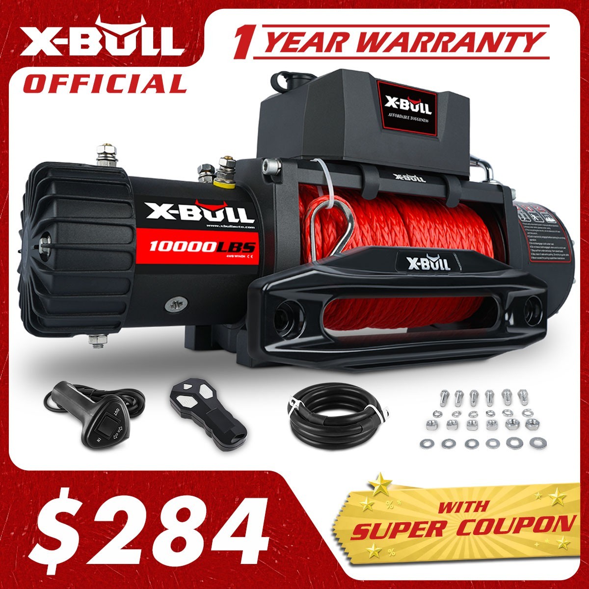 X-BULL Electric Winch 12V 10000LBS Synthetic Rope Off-Road Towing Truck 4WD Jeep