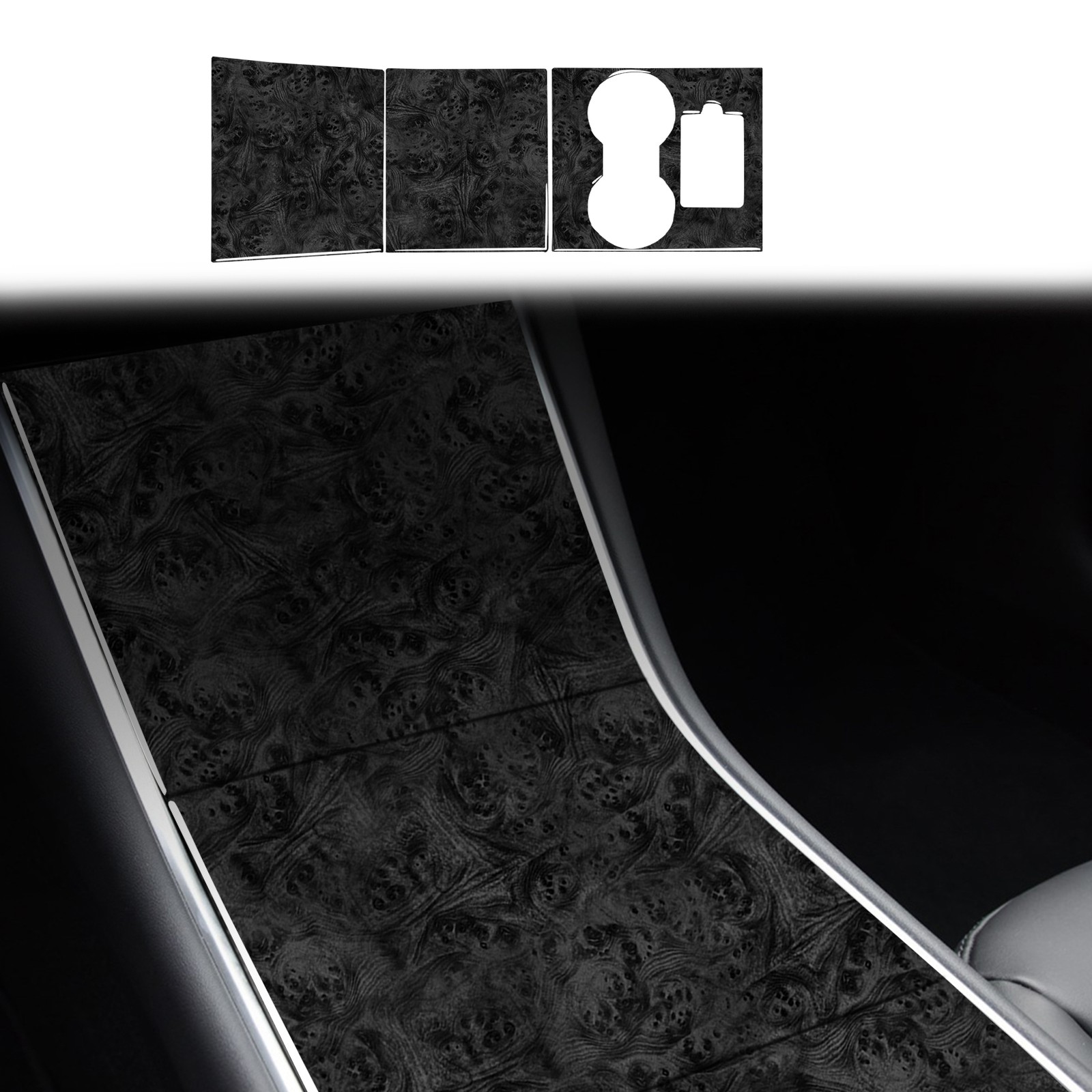 3x Black Wood Grain Car Center Console Panel Cover Trim for Tesla Model 3 19-20