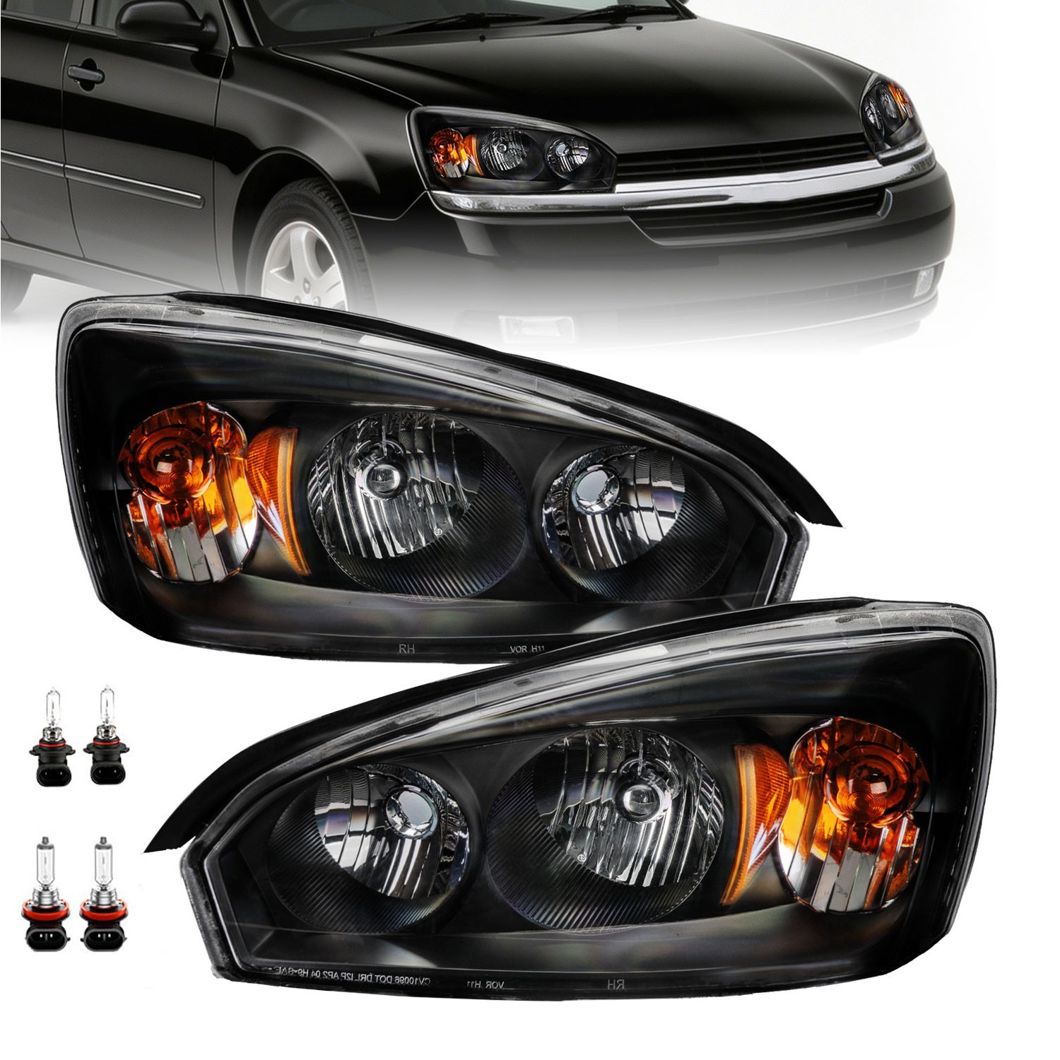 For 2004-2008 Chevy Malibu Black Halogen Headlights Pair Clear Lens L+R W/Bulbs