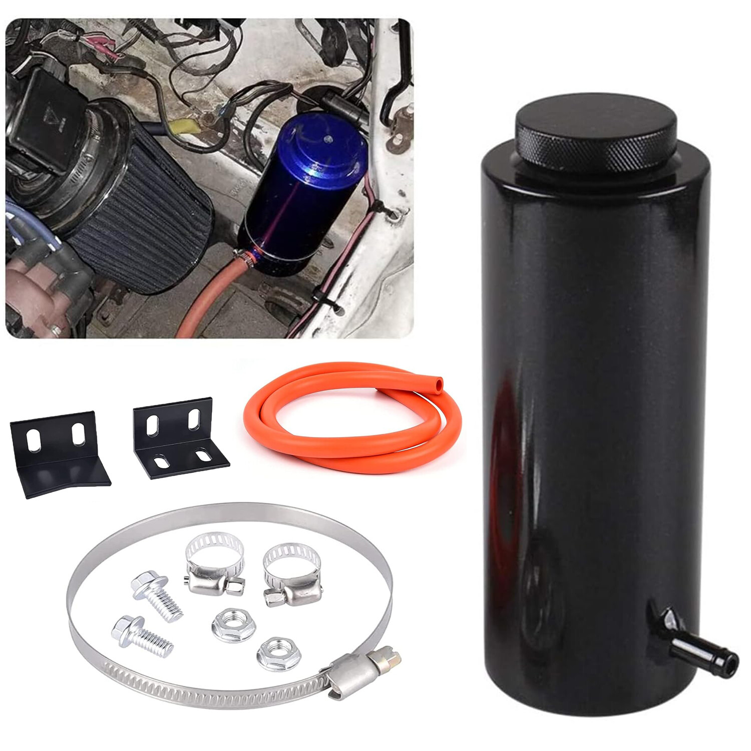 NEW Universal Radiator Coolant Catch Tank Kit Overflow Reservoir Aluminum Black
