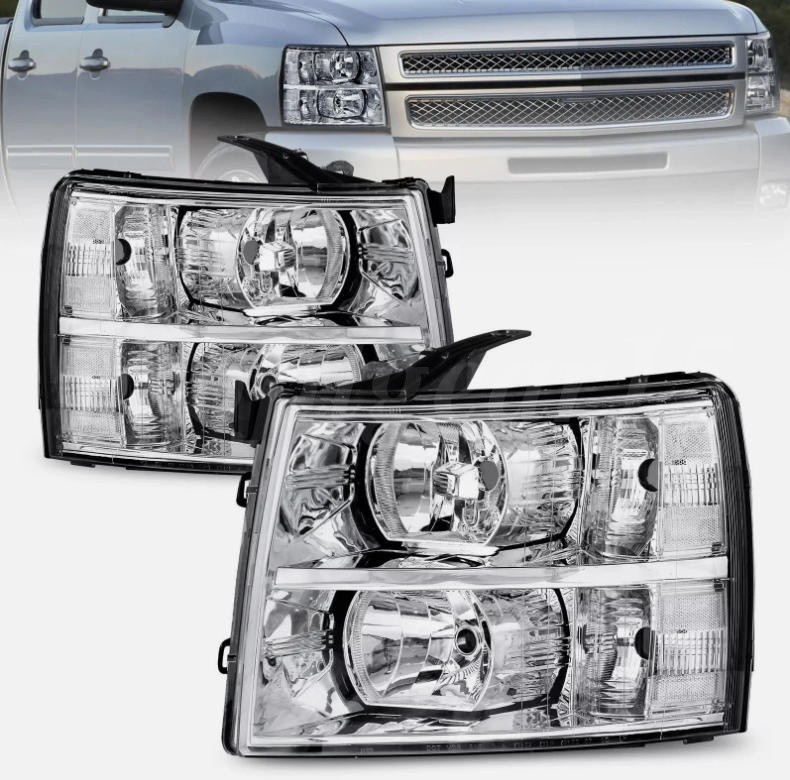 Chrome Headlights For 2007-2014 Chevy Silverado 1500 2500HD 3500HD LH+RH Sets