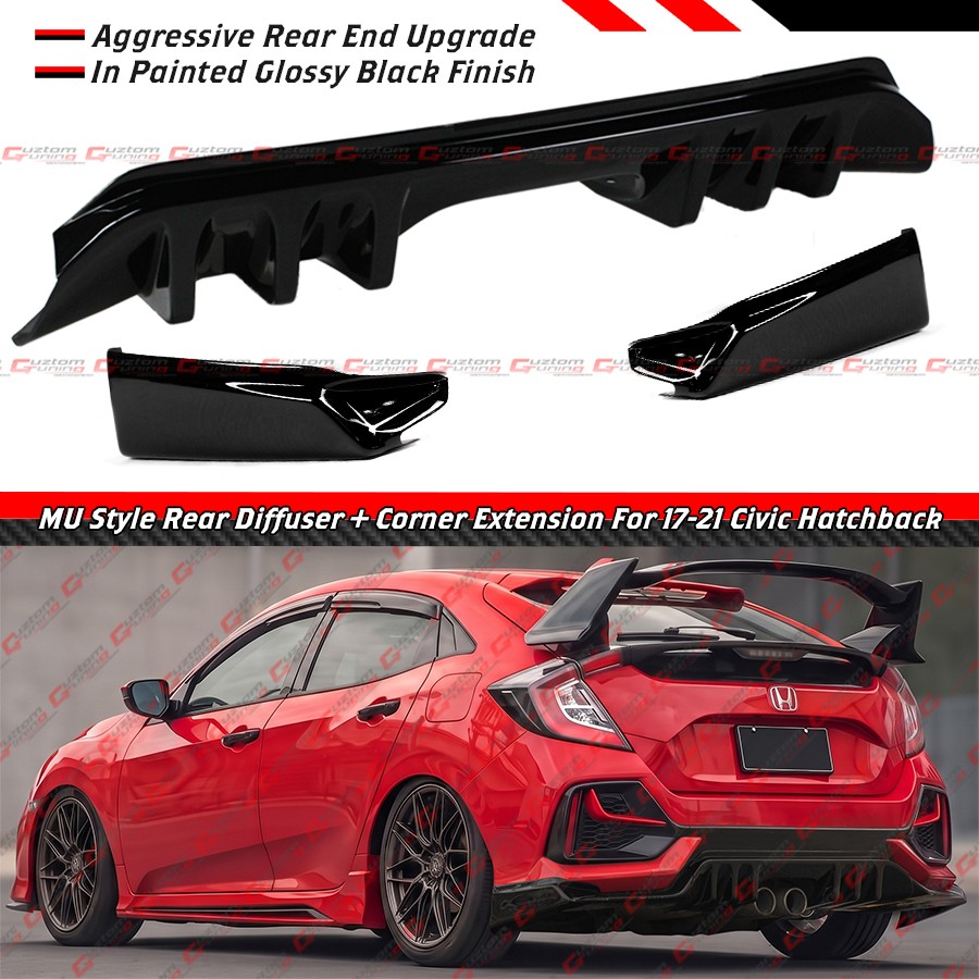 For 17-21 Civic Hatchback MU Style Gloss Black Rear Bumper Diffuser + Side Spats