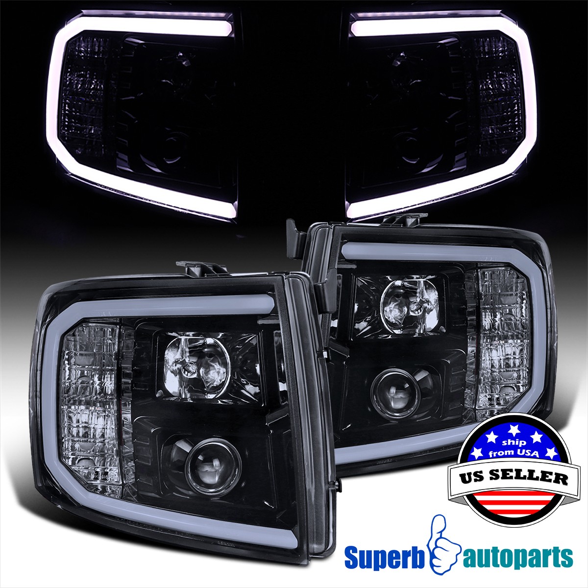 Fits 2007-2014 Silverado 1500 2500 3500 Black Smoke Projector Headlights