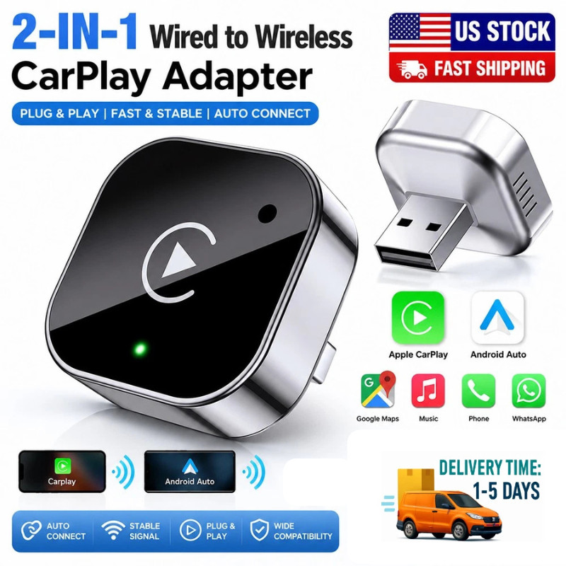 2-in-1 Wired to Wireless CarPlay & Android Auto Adapter USB Dongle Plug & Play