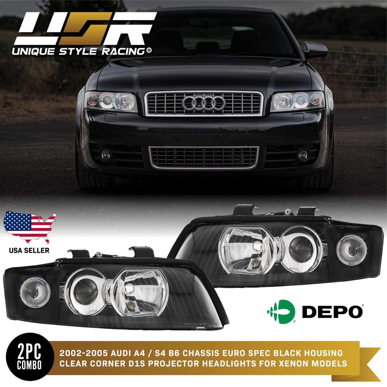 ECode Euro Clear Corner Black Headlight For 02-05 Audi A4/S4 Xenon HID D1S Model