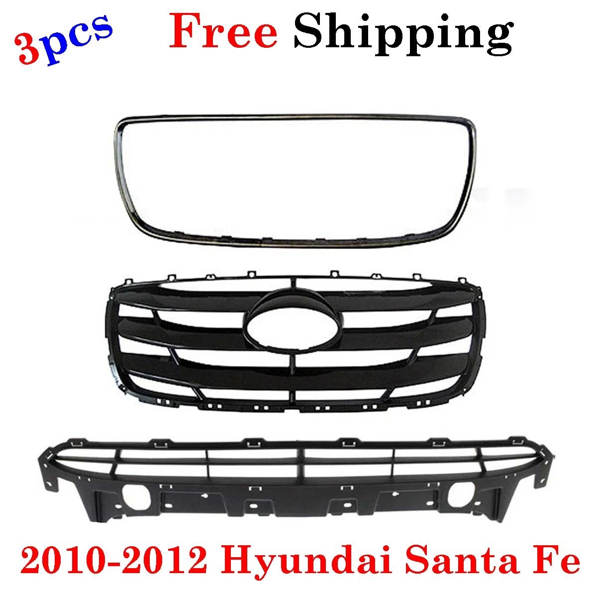 For 2010-2012 Hyundai Santa Fe Bumper Upper Lower Grille Chrome Molding Set of 3