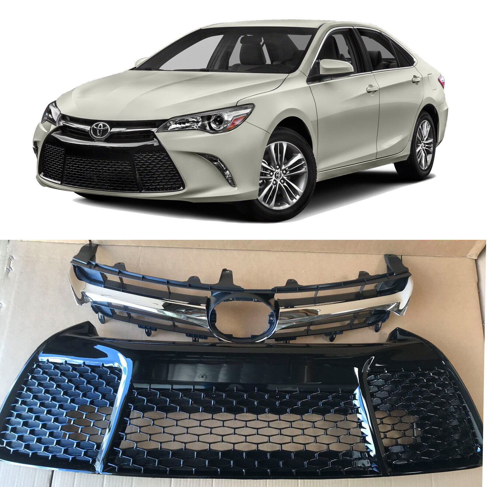 Chrome Upper Lower Bumper Grill Grille for 2015 2016 2017 Toyota Camry SE XSE