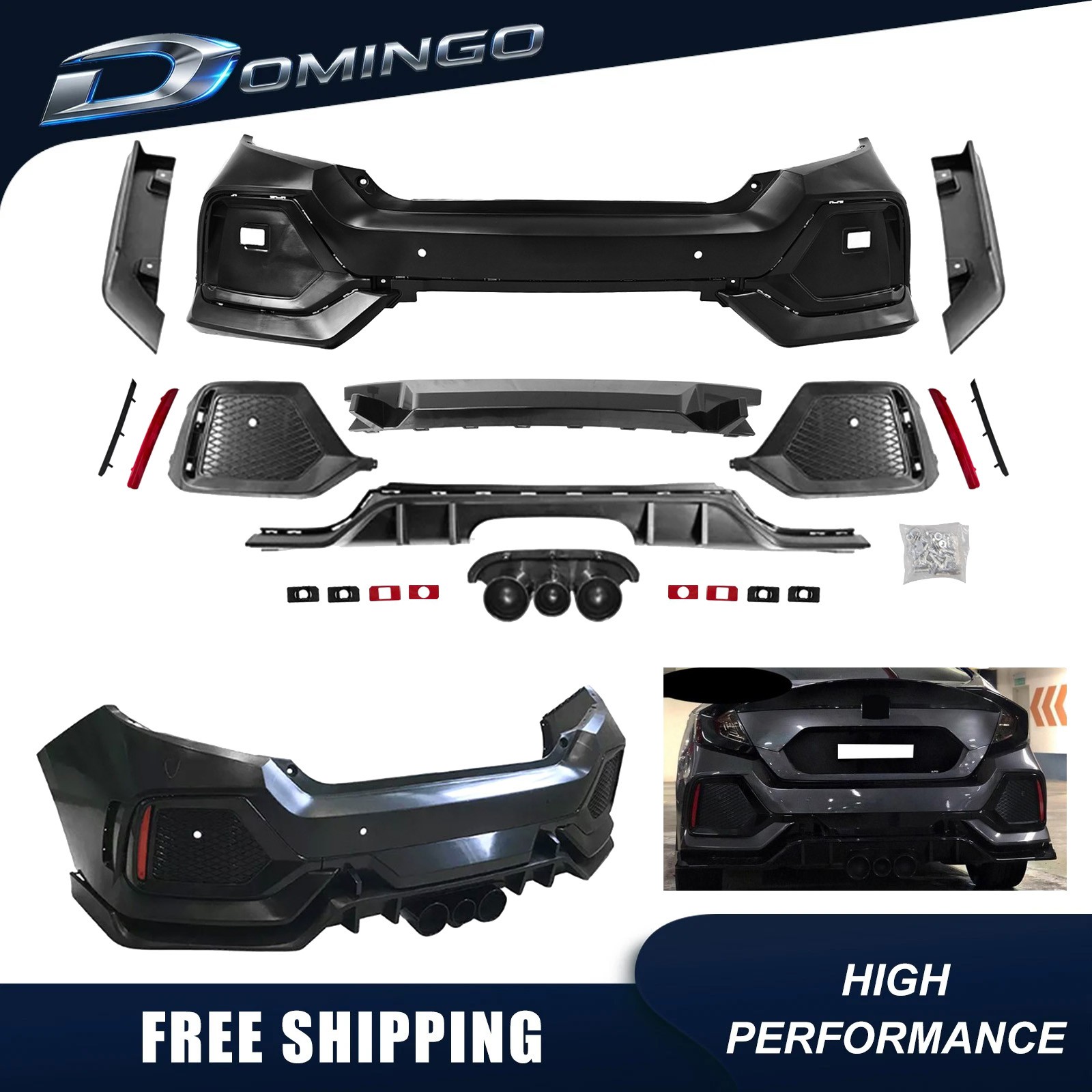 Fits 2016-2021 Honda Civic Sedan Rear Bumper Cover Set Upgrade to Type R Style
