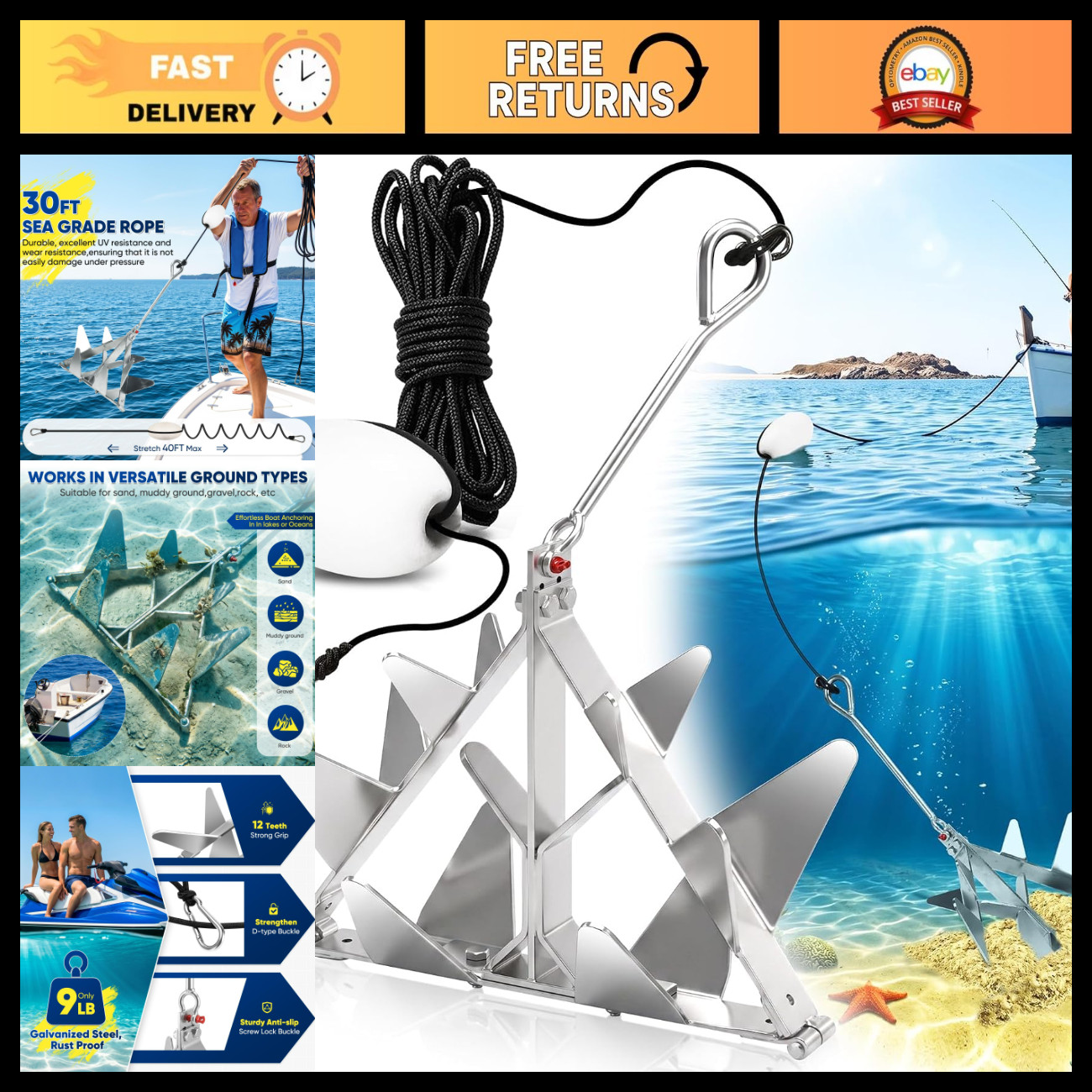 9 lb Heavy-Duty Galvanized Steel Boat Anchor Kit with 30FT Rope & Buoy - Fits Po