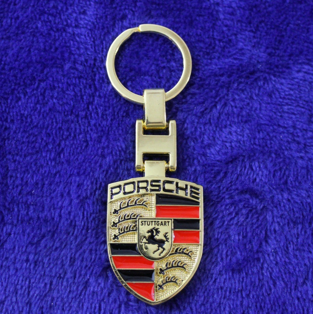 Gold 2 Sided Porsche Key Ring Key Chain Accessory Crest Fob Gold 2 Sided Porsche Key Ring Key Chain Accessory Crest Fob