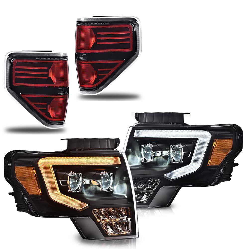 Fit For 09-14 Ford F150 Dual Led Projector Headlights Black+ Rear Tail Lights 