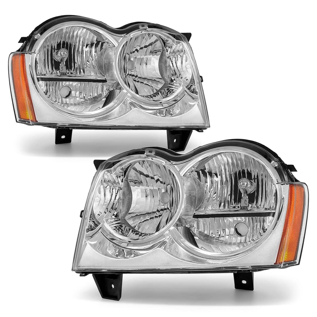 Pair Chrome Front Headlights Assembly For Jeep Grand Cherokee 2005 2006 2007