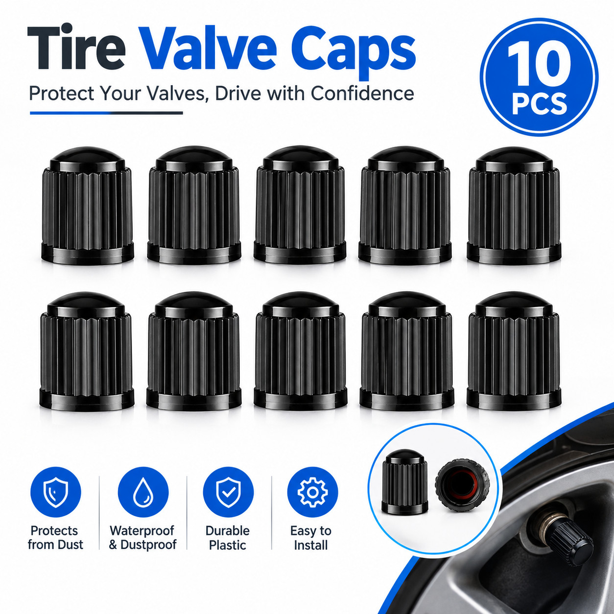 10Pcs Black Tire Valve Caps Universal Car Truck Bike Schrader Stem Covers