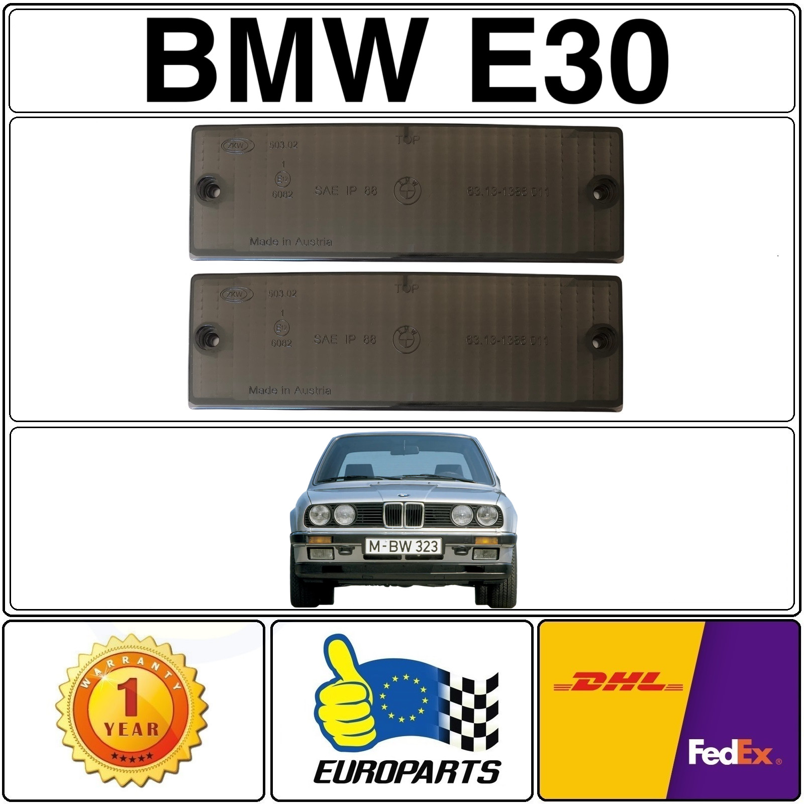 1989-1993 BMW E30 Late Model Smoke Turn Signal Blinker Lens Set Genuine BMW