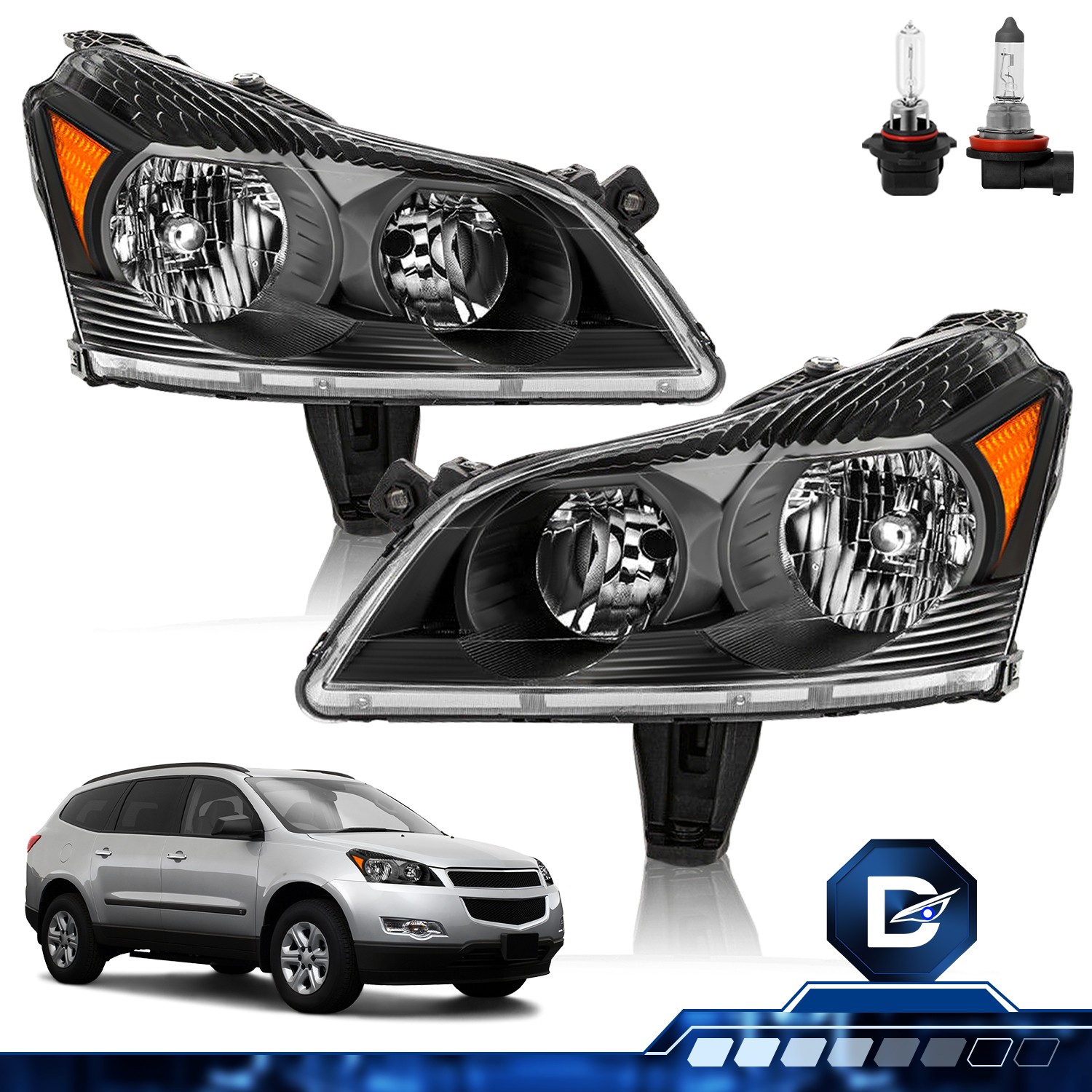 DriveForge For 2009-2012 Chevy Traverse LS LT Halogen Black Headlights w/Bulbs