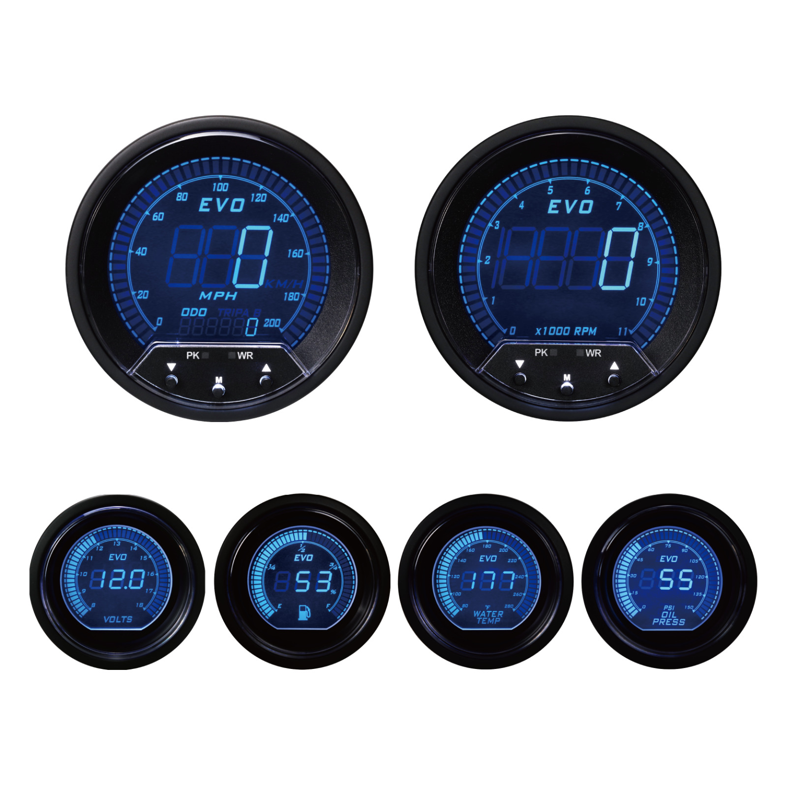 EVO Digital 6 Gauge Set GPS Speedometer Blue & Red LCD MPH °F PSI 85mm & 52mm