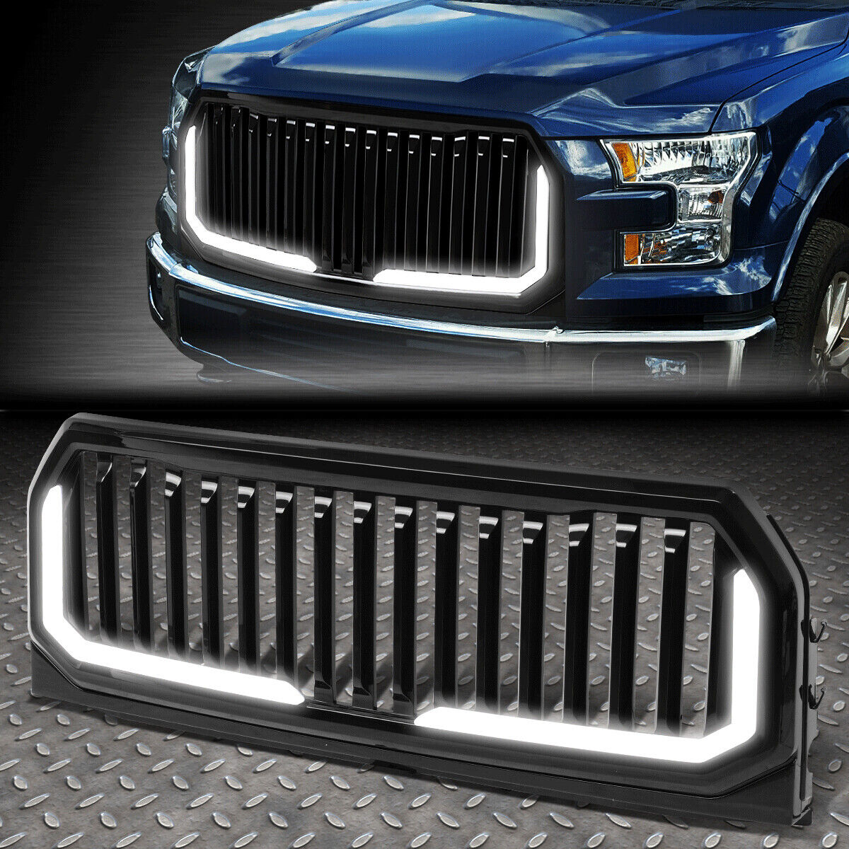 FOR 15-17 FORD F150 BADGELESS FENCE STYLE DUAL LED LIGHT BAR FRONT BUMPER GRILLE