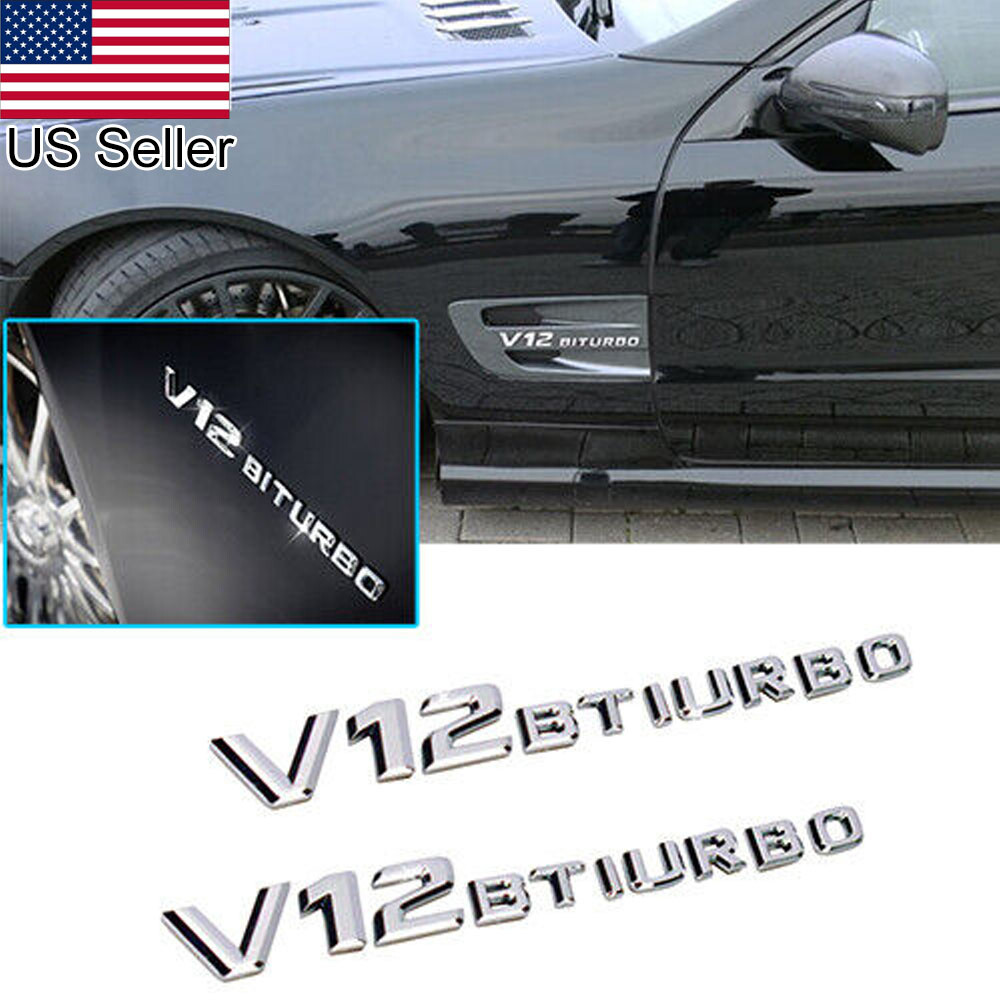 2x Chrome Fender V12 BITURBO Emblems Badge For Mercedes Benz CL63 S65 G63 AMG