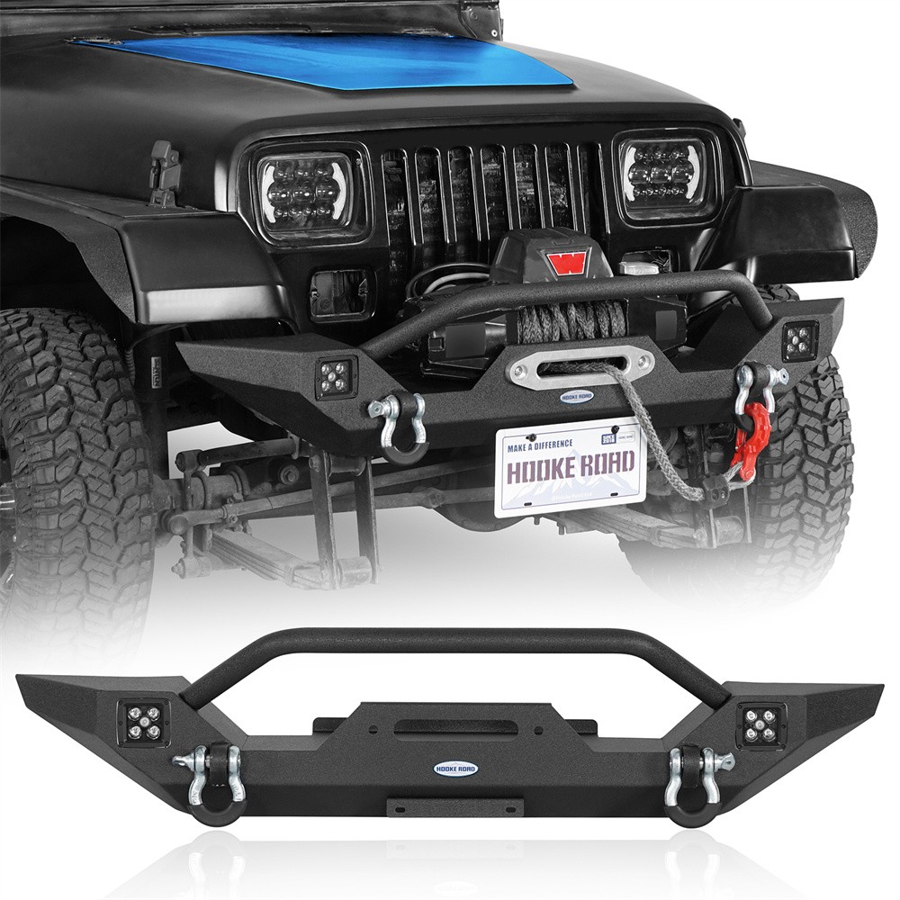 For 1987-2006 Jeep Wrangler YJ TJ Front Bumper w/D-Rings LED Lights Winch Plate
