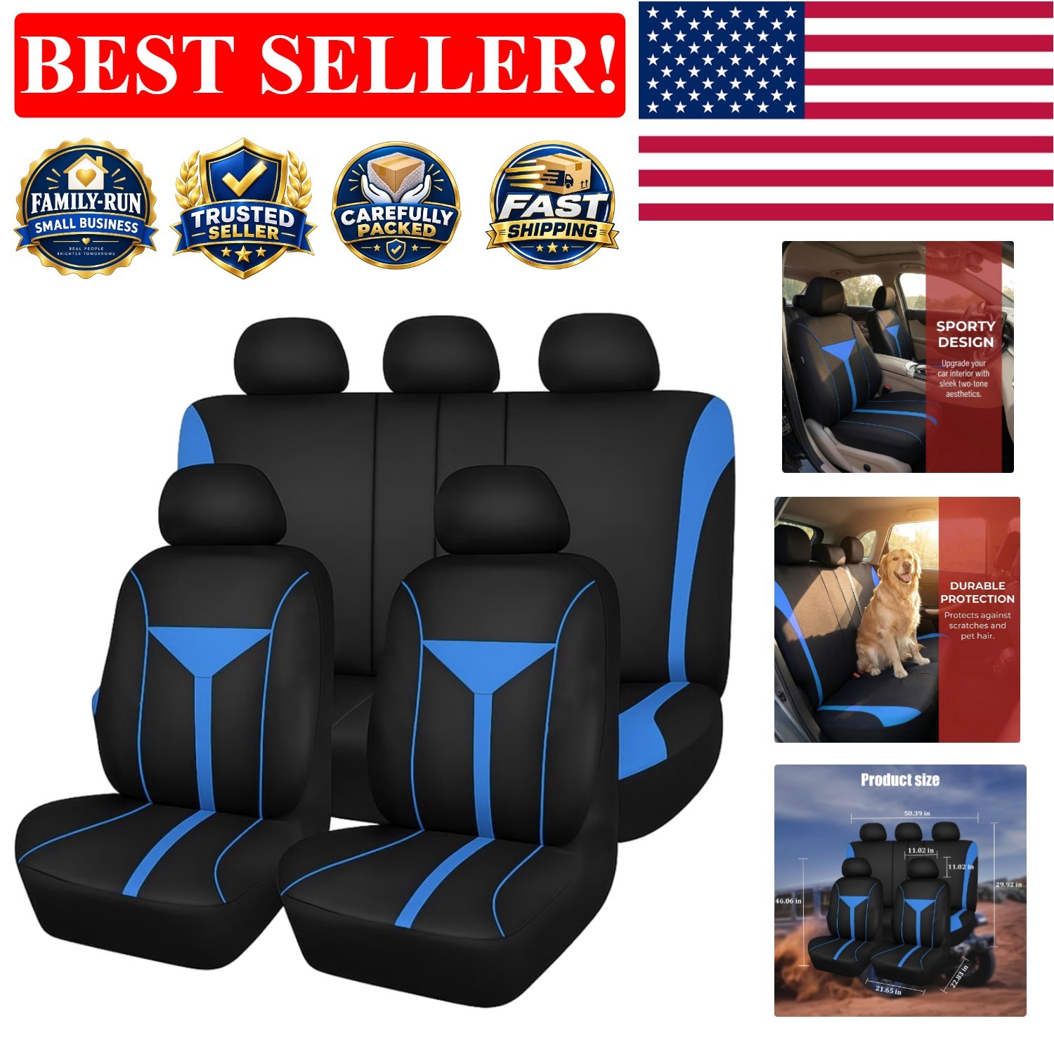 Universal Fit Blue Car Seat Covers - Stylish Waterproof Protection Set