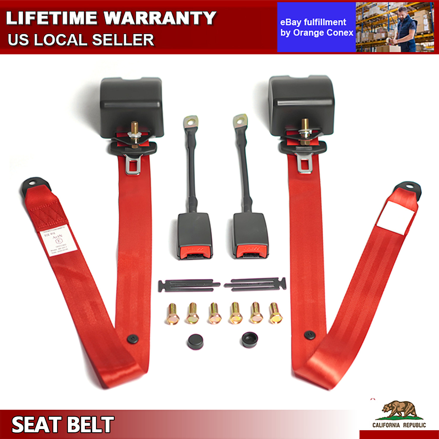 2Pcs Red 3‑Point Retractable Safety Seat Belt For Honda Civic