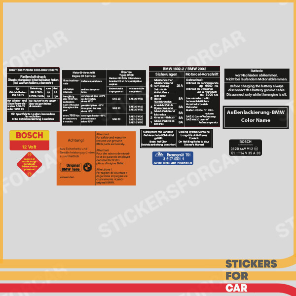 BMW 02 1502 1602 1802 2002 TI TII Turbo Engine Decals Sticker Set Aufkleber