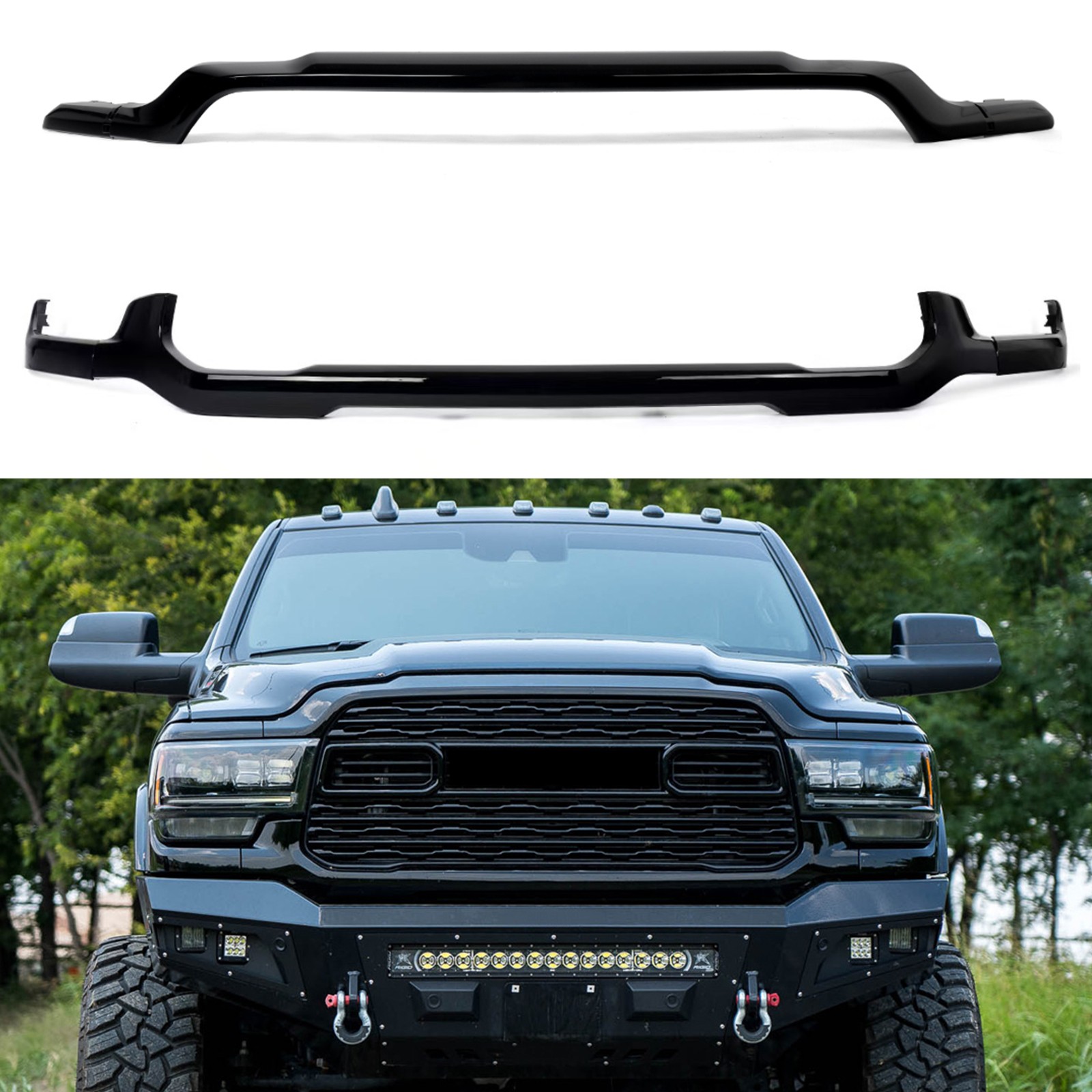 For 2019-2024 Ram 2500 3500 Gloss Black Front Upper & Lower Grille Trim Molding