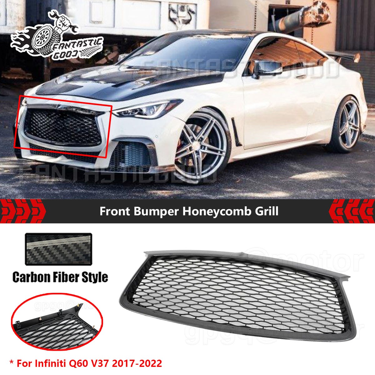 For Infiniti Q60 V37 2017-2022 Carbon Fiber Skyline Front Bumper Honeycomb Grill