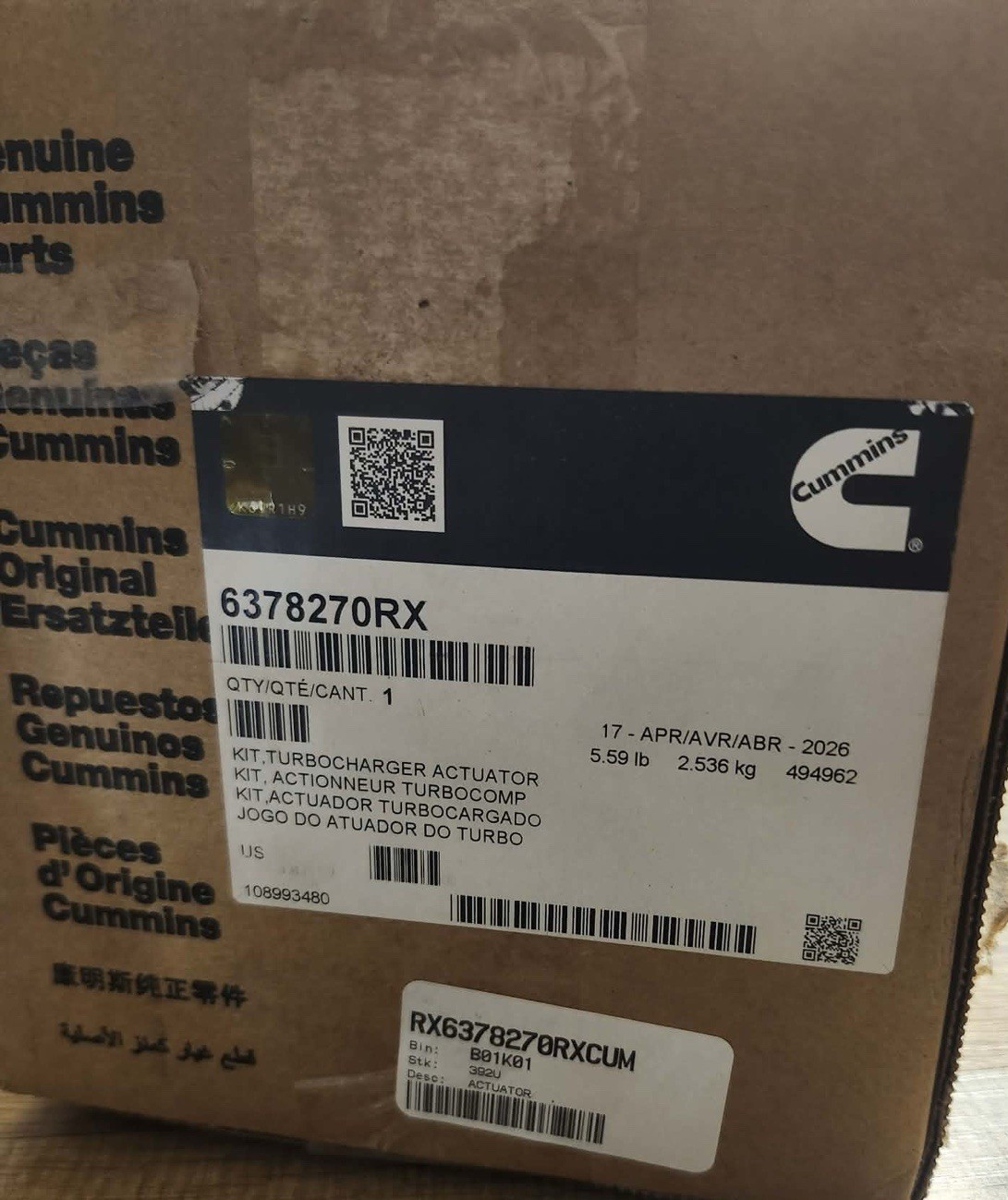 Genuine Cummins Turbo Actuator Part#6378270RX VGT~BRAND NEW in Box Genuine Cummins Turbo Actuator Part#6378270RX VGT~BRAND NEW in Box