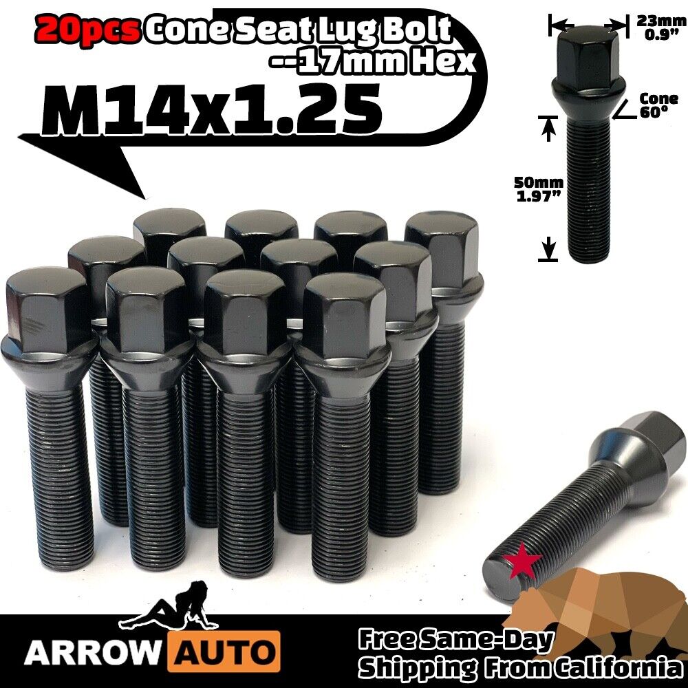 20x Black M14x1.25 Cone Lug Bolt 50mm Shank For 20-25mm Spacers Fit BMW Mini