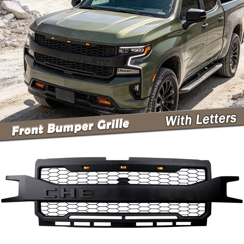 Matte Black Bumper Grille For 2019-2021 Chevy Silverado 1500 Grill With Letters
