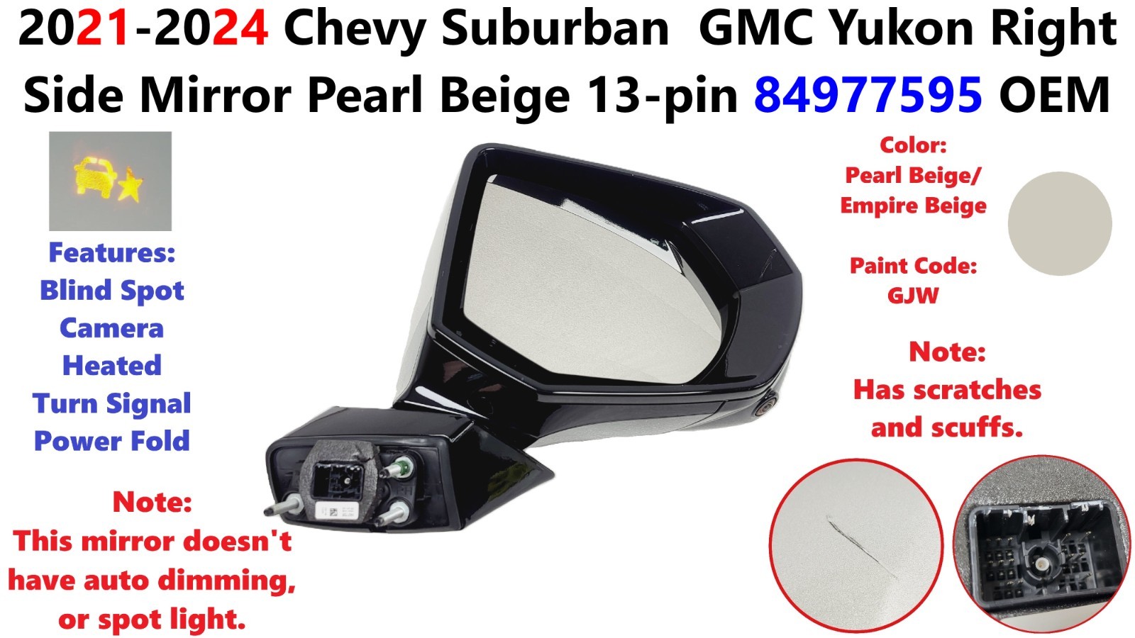 Side Mirror 2021 -24 Chevy Suburban GMC Yukon Right Pearl Beige 13-pin 84977595
