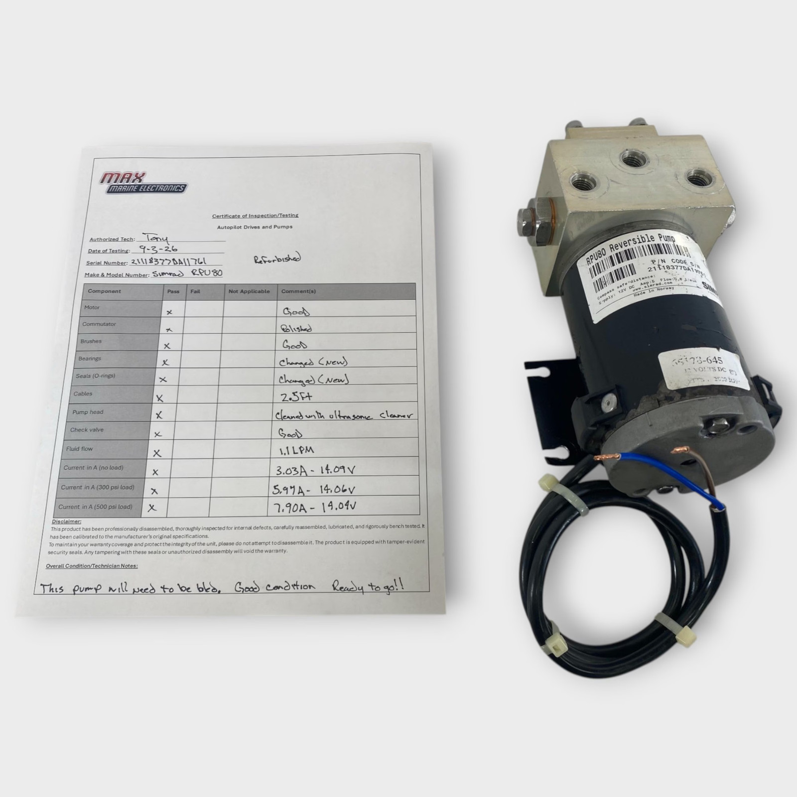Simrad RPU80 Refurbished 12V Hydraulic Reversible Autopilot Pump Used Tested