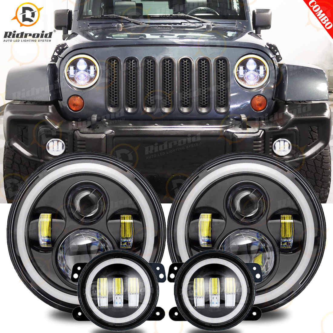 For Jeep Wrangler JK 2007-2018 Combo DOT 7\'\' LED Headlights DRL Fog Lights Kits